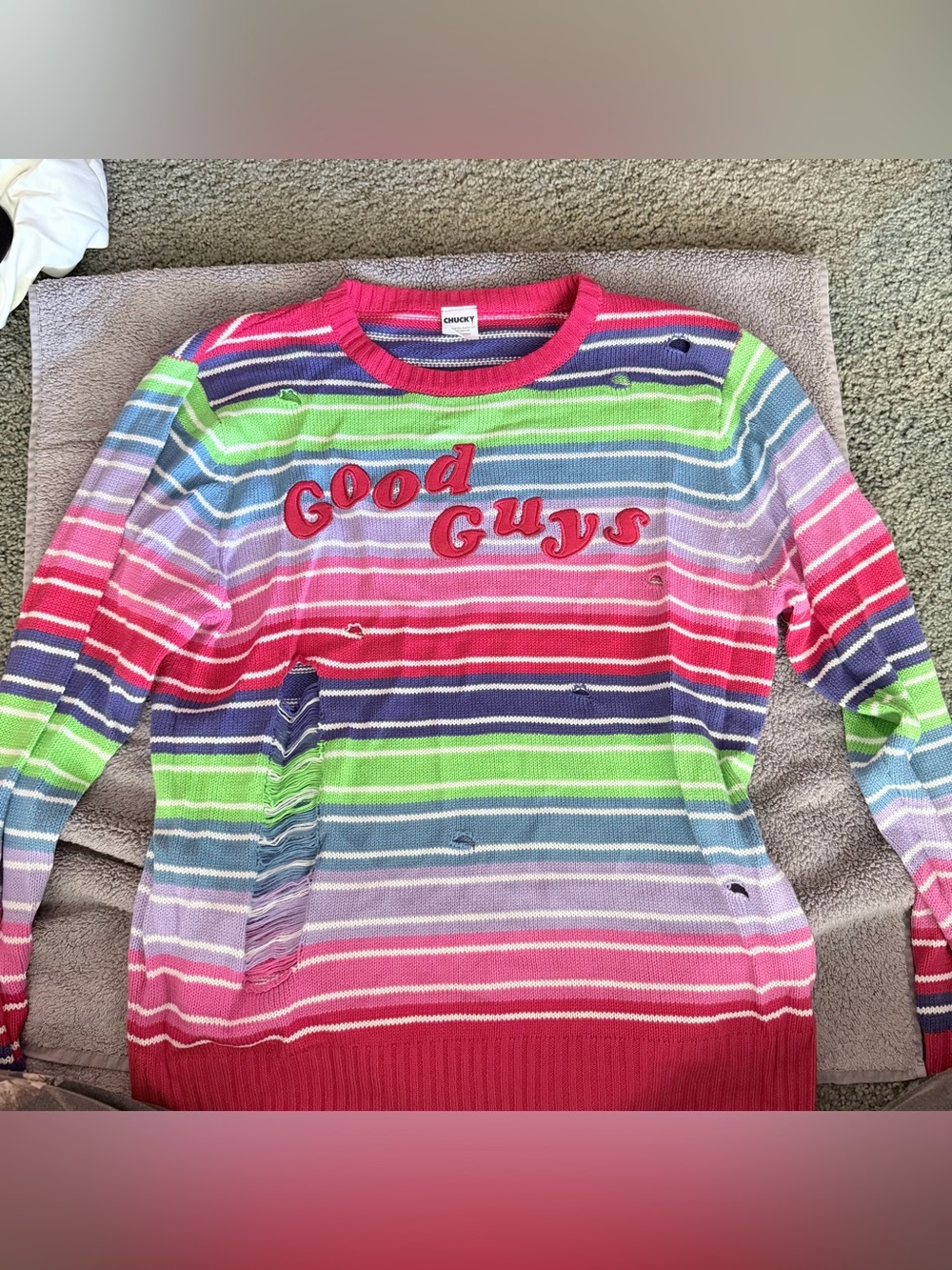Chucky costume sweater- men’s large Good Guys Striped Crewneck Sweater